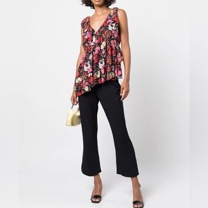 NWOT Cinq a Sept Naomi Floral Ruffle Asymmetric Top in Maraschino Multi Sz Small